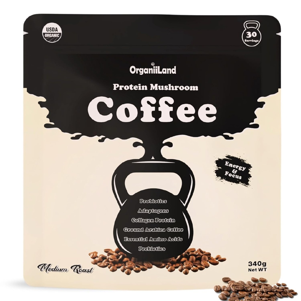 Café Protein Mushroom por OrganiiLand ← Café terrestre con Collagen, Mane, Chaga de León, Turquía Tail, Reishi, Maitake, L-Theanine ANTE Focus, Energía, Inmunity, y Digestión.