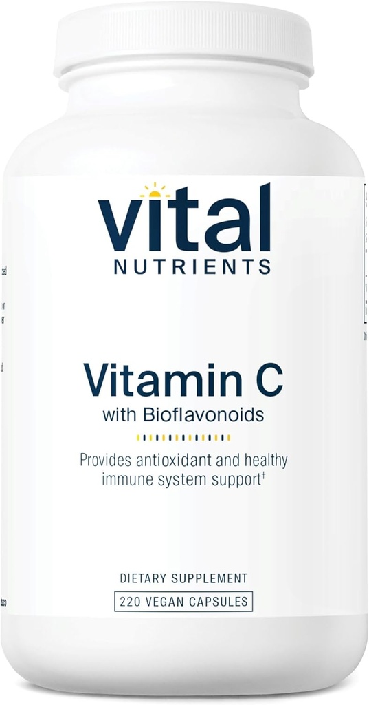 Nutrientes Vitales Vitamina C con Bioflavonoides ← Suplemento Vegan para Apoyo Inmunitario*  1000mg Vitamina C y 500mg Citrus Bioflavonoid ← Gluten, Dairy and Soy Free ← Non-GMO ← 220 Capsules