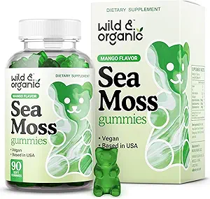 Wild & Organic Irish Sea Moss Gummies 1600 mg - Complex w/Bladderwrack and Burdock Root - Sea Moss Gel Chews for Overall Support - Chondrus Crispus - 90 Vegan, Non-GMO Seamoss Gel Gummies