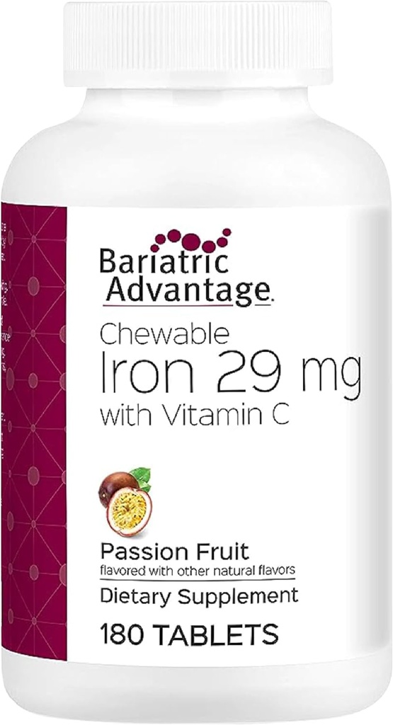 Bariatric Advantage Chewable Iron 29 mg - para pacientes de cirugía barátrica - Hierro con vitamina C - No Pasta de hierro - Ferrous Fumarate & Carbonyl Iron Suplemento - Pasión Fruta - 180 Cuenta