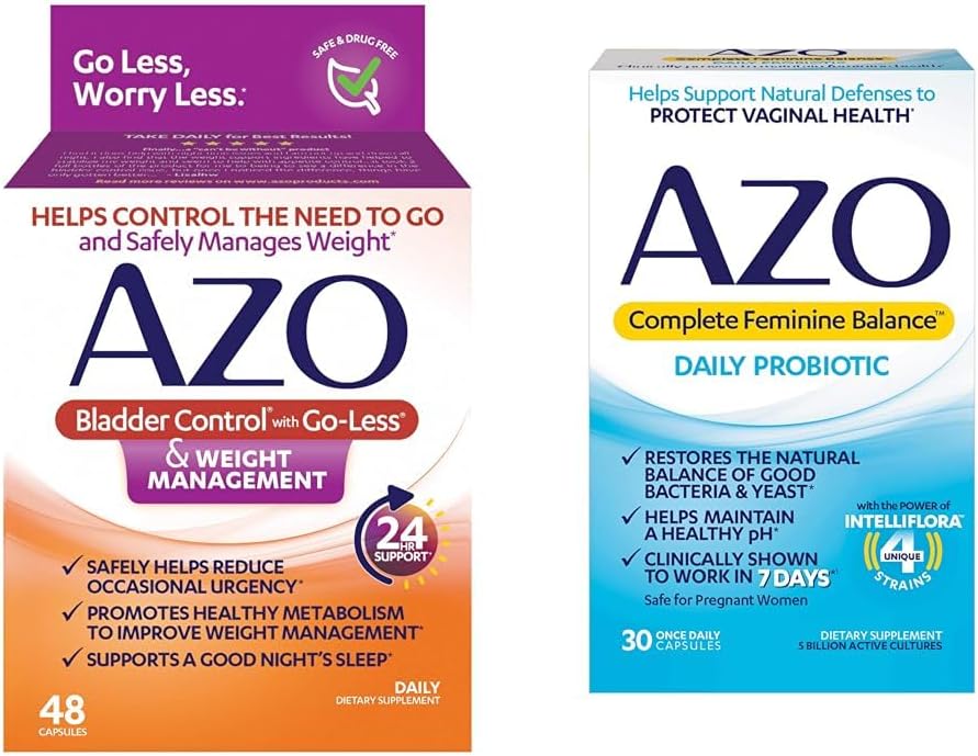 Control de vejiga AZO con Go-Less® &amp; Weight Management Suplemento dietético &amp; Complete Feminine Balance Probióticos diarios para mujeres, clínicamente probados para ayudar a proteger