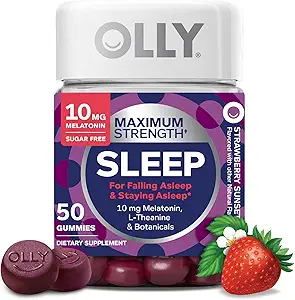 OLLY Max Strength Sleep Gummy, 10mg Melatonin, L-Theanine, Chamomile, Lemon Balm, Sugar Gratis, Vegetarian Sleep Aid, Strawberry - 50 Cuenta