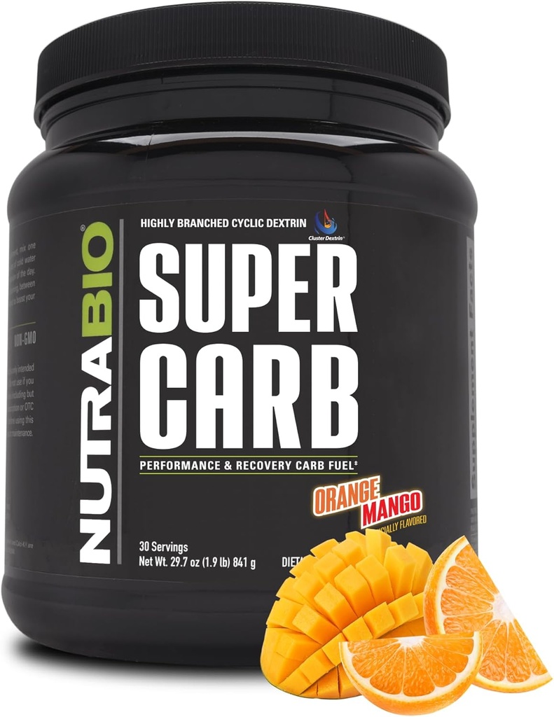 NutraBio Super Carb, Carbohydrate Powder con electrolitos de dextrina de racimo, avanzado suplemento de carbohidratos para combustible de entrenamiento, rendimiento y recuperación de músculo, dextrina ciclica, mango de naranja, 30 Sv