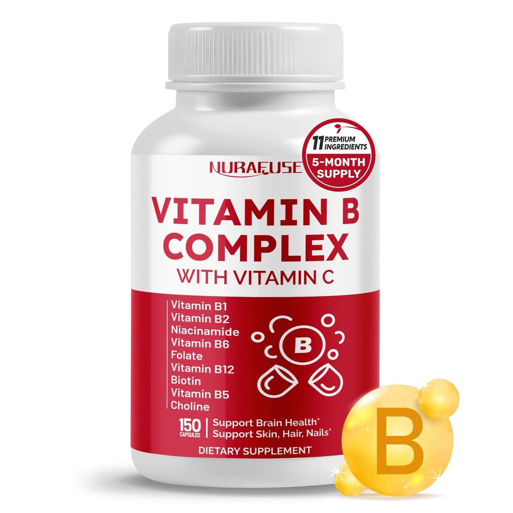 Vitamina B Complejo Vitamina B1, B2, 6,9,12 Niacina, con Vitamina C - Apoyo a la salud cerebral, niveles de energía, piel, cabello y uñas