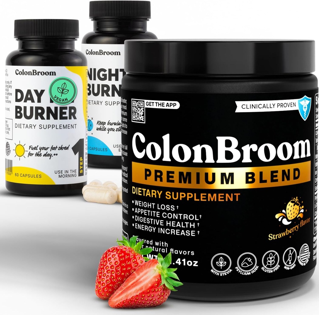 ColonBroom Premium Psyllium Husk Powder, Colon Broom Colon Cleanser Fiber Suplemento para Bloating Relief & Gut Health + Day & Night Burner Supplements, Weight Management Pills (60 Servings), 3 Artículos