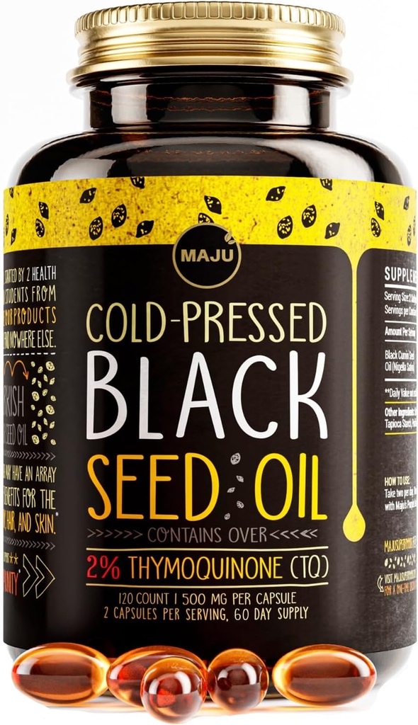 Maju Superfoods Black Seed Oil Capsules, Strong Cold Pressed, 2% Thymoquinone, 100% Turco Negro Cumin Nigella Sativa Seed Oil, Organic BSO, Liquid Blackseed, 120 Cuenta, 500 mg por cápsula
