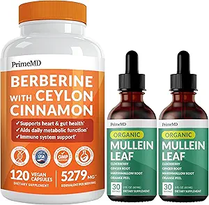 21-in-1 suplemento de bereberina con cromo de canela de Ceylán, Melón de Bitter y Té Verde (120 ct) & 5-in-1 Mullein gotas para pulmones y salud pulmonar respiratoria " Bronchial Support (60 Servings)