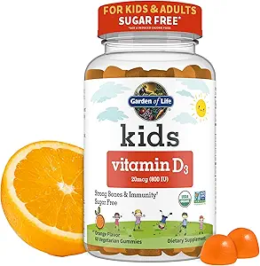 Jardín de Vida Niños Vitamina Orgánica D3 Gummies con 800 UI (100% Valor Diario) para Huesos Fuertes, Dientes, Cerebro &amp; Inmunidad – No Gluten, Vegetariano, Azúcar Libre, Sabor Naranja, 60 Servimientos