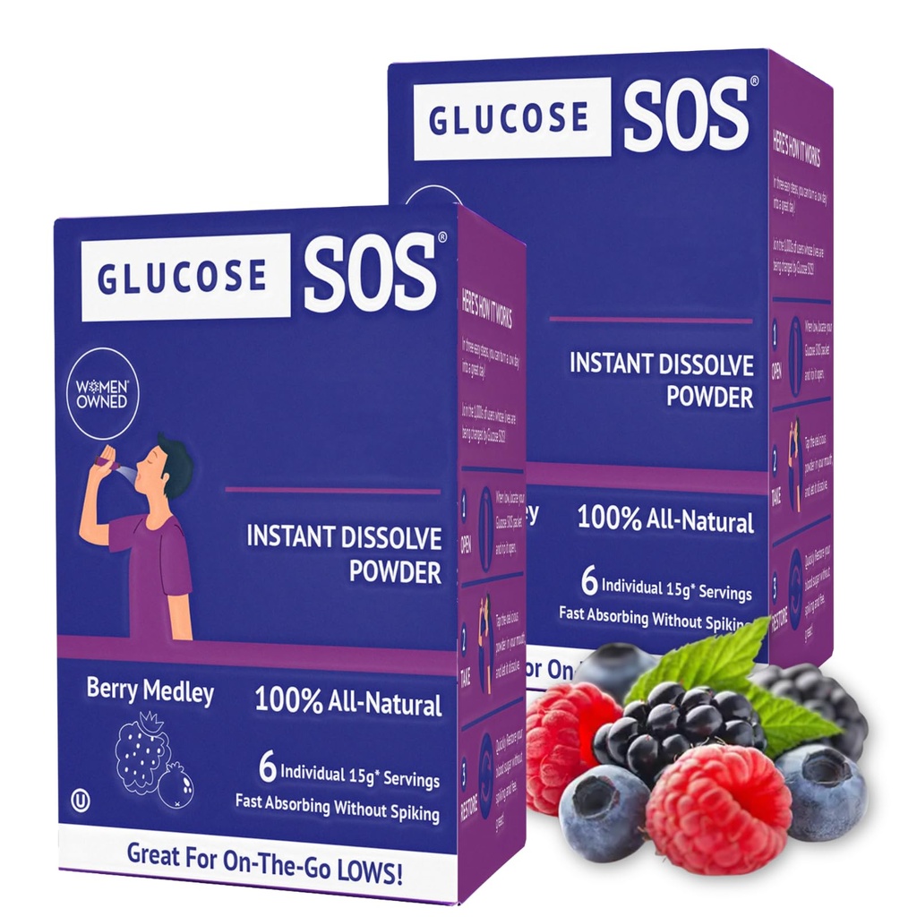 Glucose SOS Glucose Powder Packets with Natural Dextrose, Fast-Absorption Que instantáneamente disuelve en su boca sin agua necesitada, Berry Medley 12 serviendo