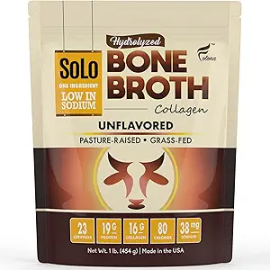 Solo Bone Broth Protein Collagen Powder Low Sodium, 16g Hydrolyzed Collagen Type I & III, for Healthy Skin, Nails, Hair, Joints & Digestion, Grass Fed, 1 lb (Bag - Net Wt. 1 lb. Powder)