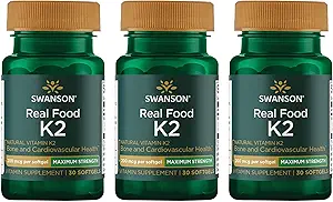 Swanson Maximum Strength Vitamin K2 (Menaquinone-7)-Vitamin Supplement Supporting Cardiovascular and Bone Health-Made from Japanese Natto to Help Regulate Calcium (30 Softgels, 200mcg Cada) (3 Pack)