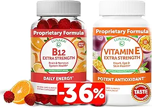 Lunakai Vitamina B12 y vitamina E Gummies Bundle - 3000 mcg Gummies for Adults Energy Support and Bone Health - 250 mg 1000 iu Natural VIT E Plus C Suplementos