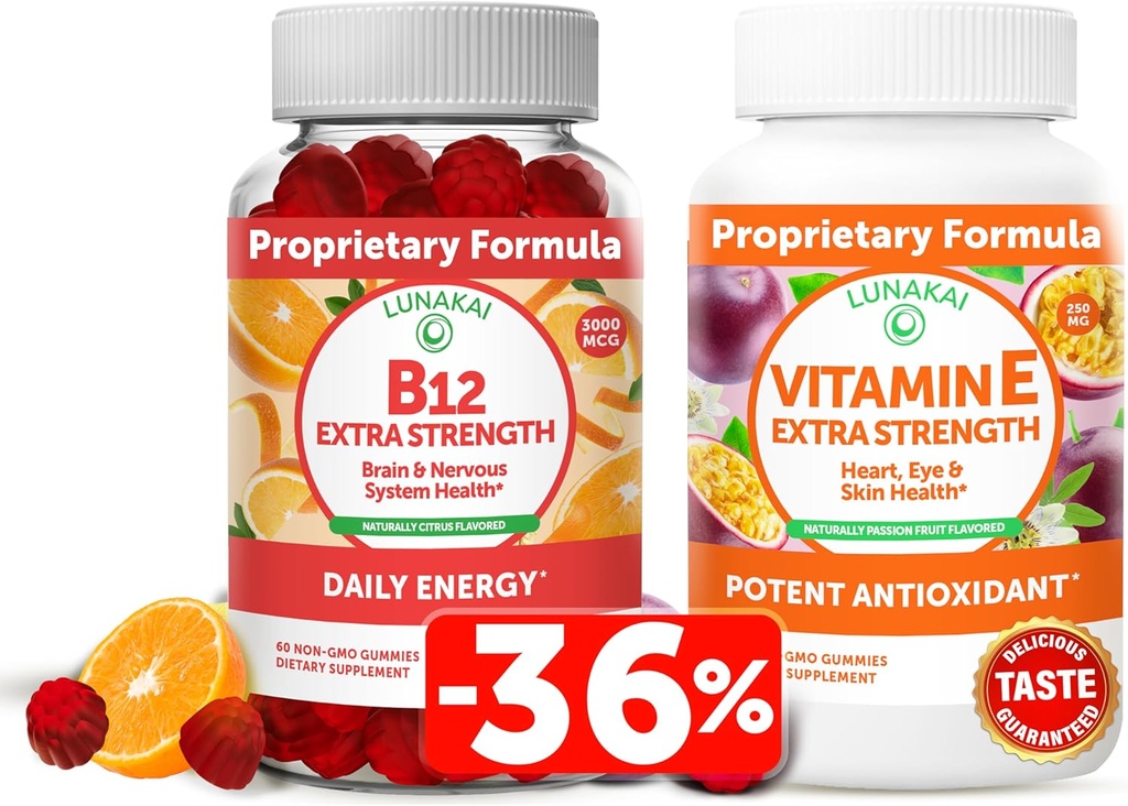 Lunakai Vitamin B12 and Vitamin E Gummies Bundle - 3000 mcg Gummies for Adults Energy Support and Bone Health - 250 mg 1000 iu Natural VIT E Plus C Supplements