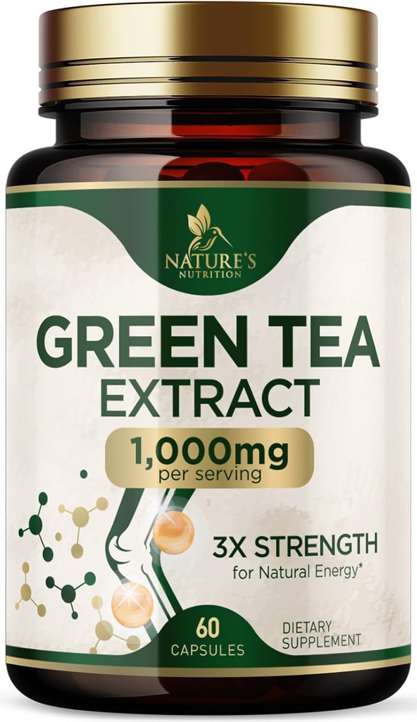 Extracto de té verde cápsulas 1000 mg - Estándarizado 45% EGCG & 98% Polyphenols - 3X Strength Green Tea Pills for Natural Energy - Apoya la salud del corazón, Suplemento herbal, Vegan, No GMO - 60 cápsulas