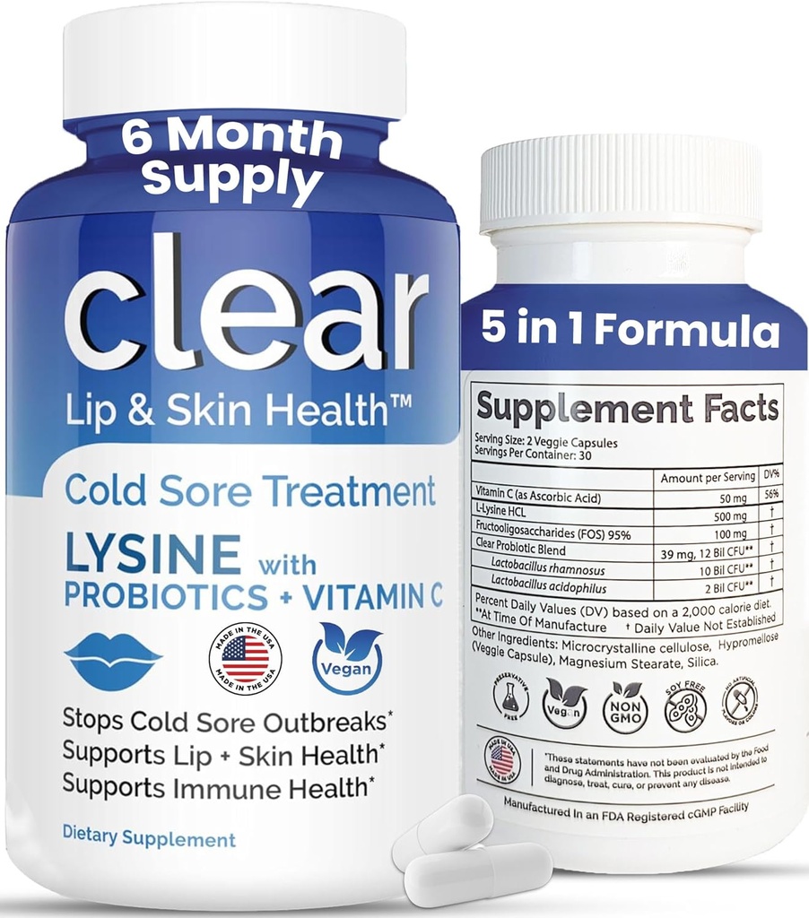 Tratamiento de la úlcera fría de Lysine para las lípas – con Lactobacillus Rhamnosus, Acidophilus y Vitamina C – Suplemento de la úlcera fría para la salud de la piel, soporte inmunológico y prevención – 360 cápsulas