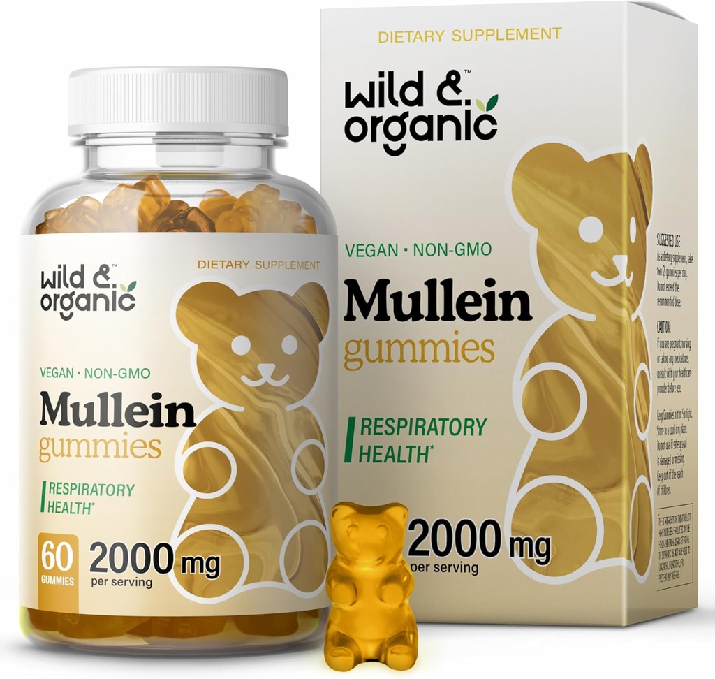 Wild &amp; Organic Mullein Gummies for Lungs 2000mg - Lung Detox and Cleanse - Vegan Mullein Leaf Gummies for Immune Support - 60 Non-GMO Herbal Extract Chews