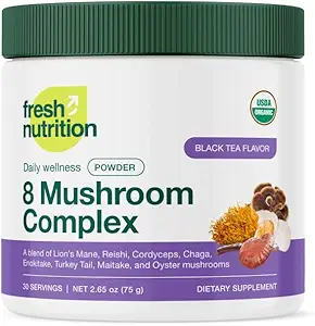 Fresh Nutrition Organic 8 Mushroom Complex Powder - Lion's Mane, Reishi, Cordyceps, Chaga, Enokitake, Turkey Tail, Maitake, and Oyster Mushrooms