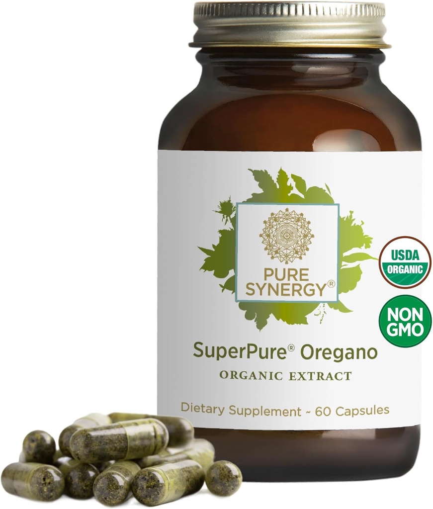 PURE SYNERGY SuperPure Oregano Extracto ← Oregano Petróleo Extracto Cápsulas ANTE Orgánica Petróleo y Hoja Suplemento Silencioso para la Salud Inmunitaria, Digestiva y Respiratoria (60 Cápsulas)