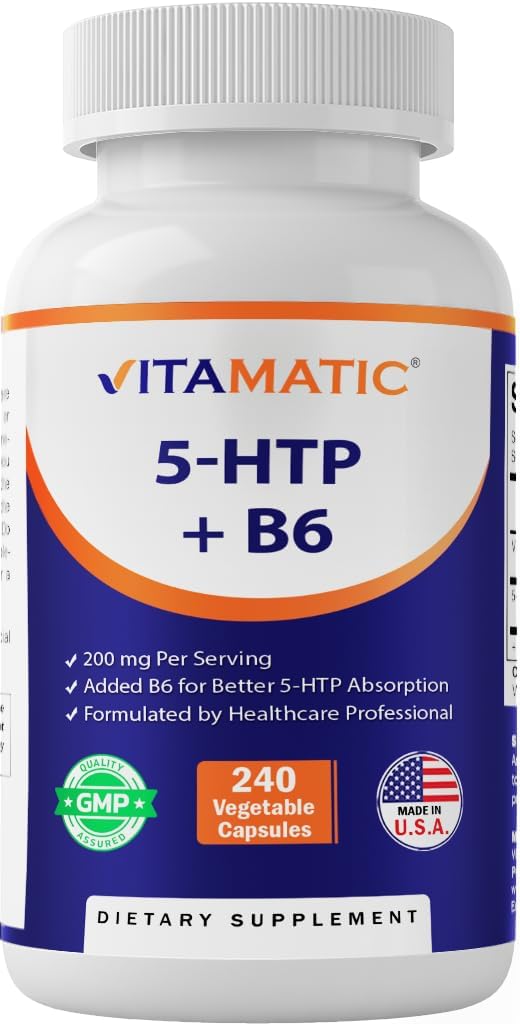 Vitamatic 5-HTP 200mg con B6 5mg Por Serving - 240 Vegetarian Capsules (5-Hydroxytryptophan) - (Griffonia Simplicifolia Seed Extract)