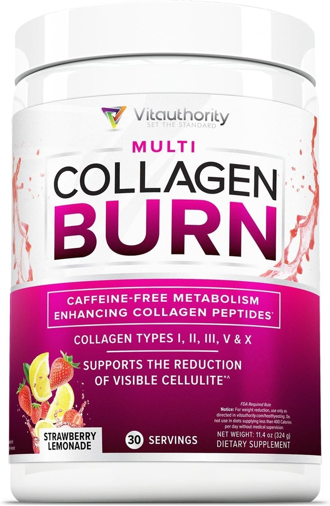 Multi Collagen Burn: Hidrolyzed Protein Peptides con ácido hialurónico, vitamina C, SOD B Dimpless, Tipos I, II, III, V y X, Caffeine-Free Strawberry Lemonade Flavored 30 Servings