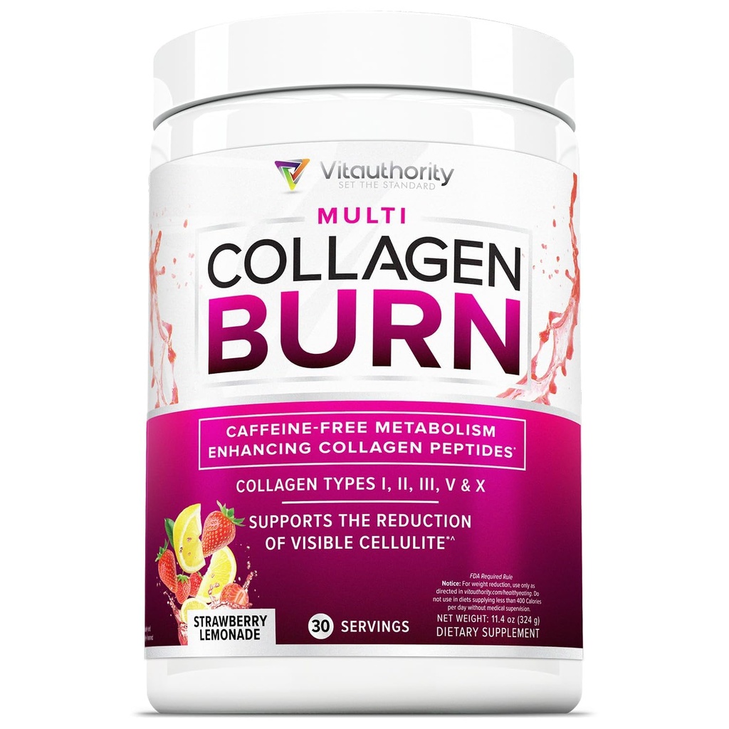 Multi Collagen Burn: Hidrolyzed Protein Peptides con ácido hialurónico, vitamina C, SOD B Dimpless, Tipos I, II, III, V y X, Caffeine-Free Strawberry Lemonade Flavored 30 Servings