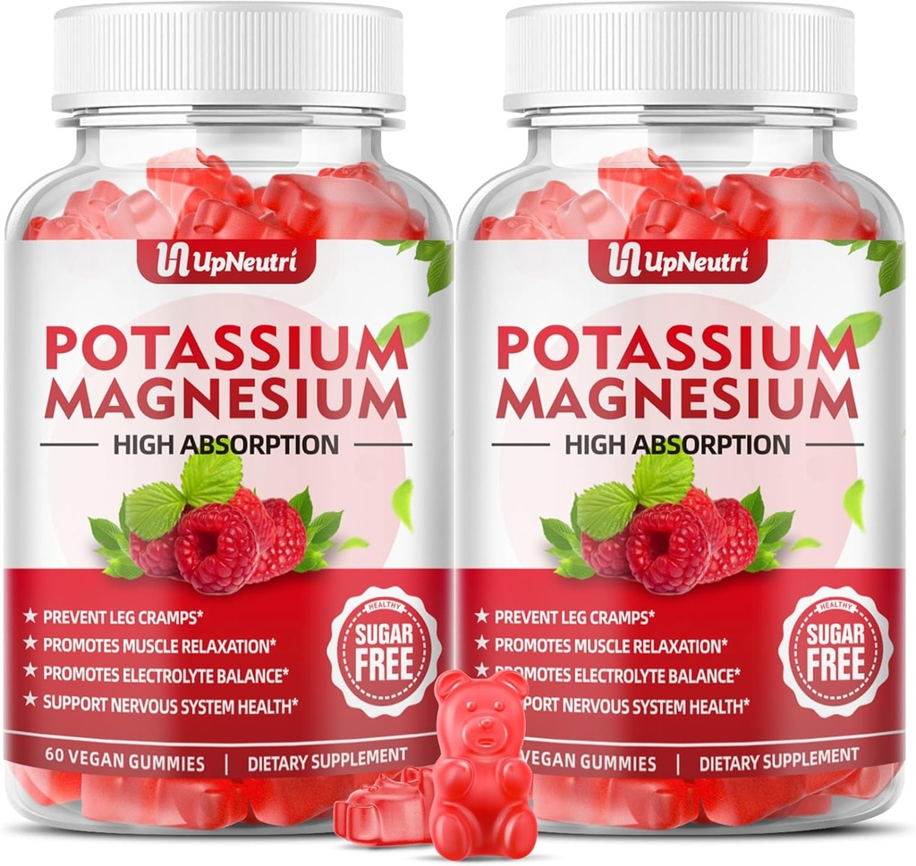 Potasio Magnesio Suplemento Gummies para Adultos Niños, Gummies de Potasio Libre de Azúcar Apoyo Leg Cramps & Muscle & Immune Health, Alta Absorción Magnesium Gummies Raspberry Flavor 120 Cts