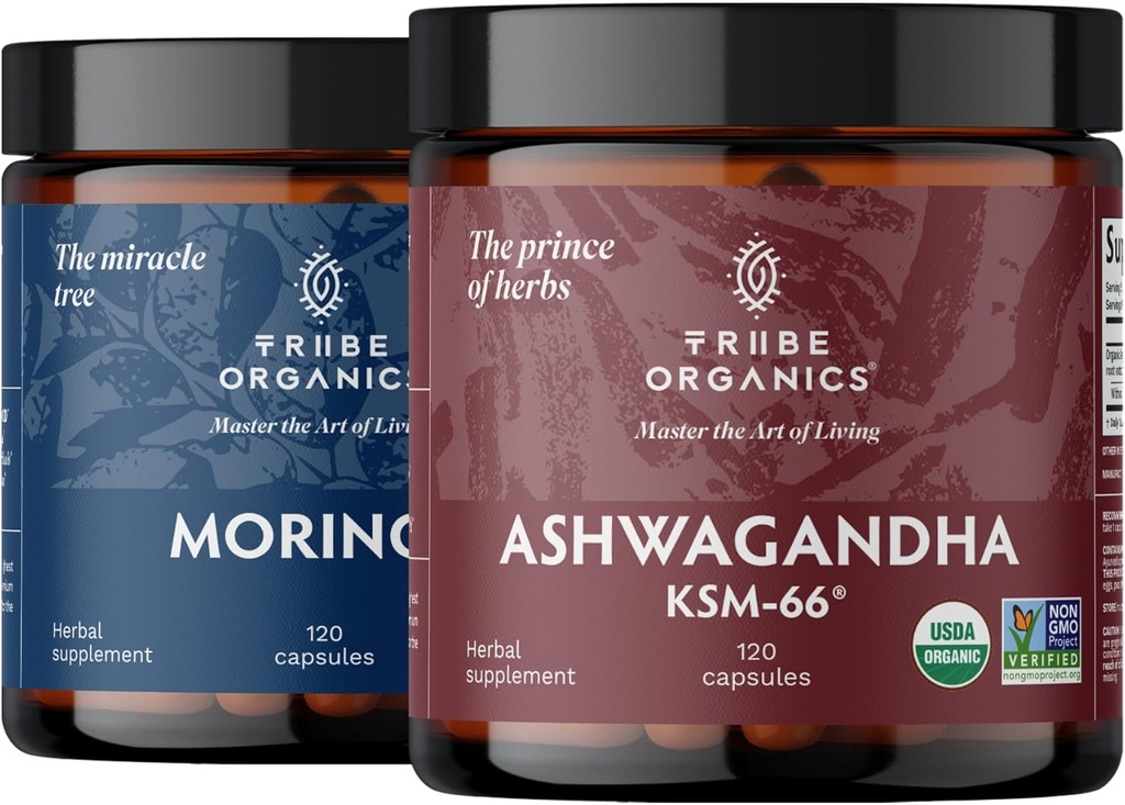 TRIBE ORGANICS Endurance Duo: Organic KSM-66 Ashwagandha + Organic Moringa - Vegan Capsules - 2 Month Supply - Función cerebral, Focus, Mood Support, Energy and Strength