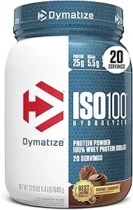 Dymatize ISO100 Whey Protein Powder Isolate, Gourmet Chocolate, 25g de Protein, 5.5g BCAAs, Menos Than 120 Cal., Gluten Free, 1g Fat, 1g Sugar, 2g Carb (20 Servings)