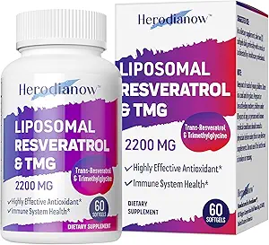 Resveratrol Liposomal con TMG Suplemento 2200 MG, 99% Purity Trans-Resveratrol " Trimetilglycine- Antioxidante, para el sistema inmunológico, piel " salud general, 60 Softgels(Pack of 1)