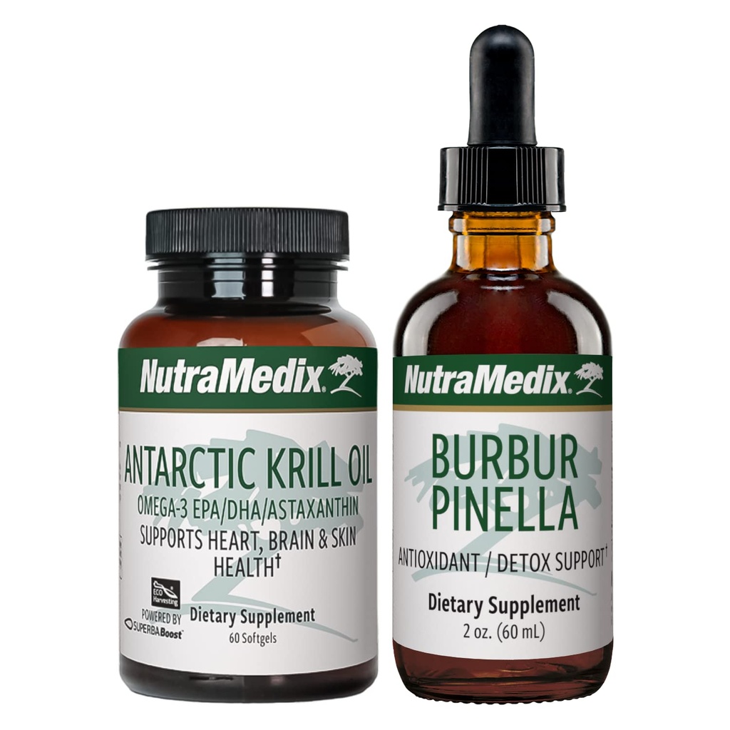 NutraMedix Brain Support Bundle - Incluye Artic Krill Oil Softgels y Burbur Pinella Liquid Drops for Cognitive Health, Detox y Brain Support - 2-Piece Supplement Set for Cognitive Support
