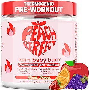 Peach Perfect Burn Baby Burn Pre Workout Powder for Women, Fruit Punch, for Energy, with Electrolytes, Apple Cider Vinegar, Natural Caffeine Green Tea, L Carnitine, Energy Drink Powder, 30 Servings