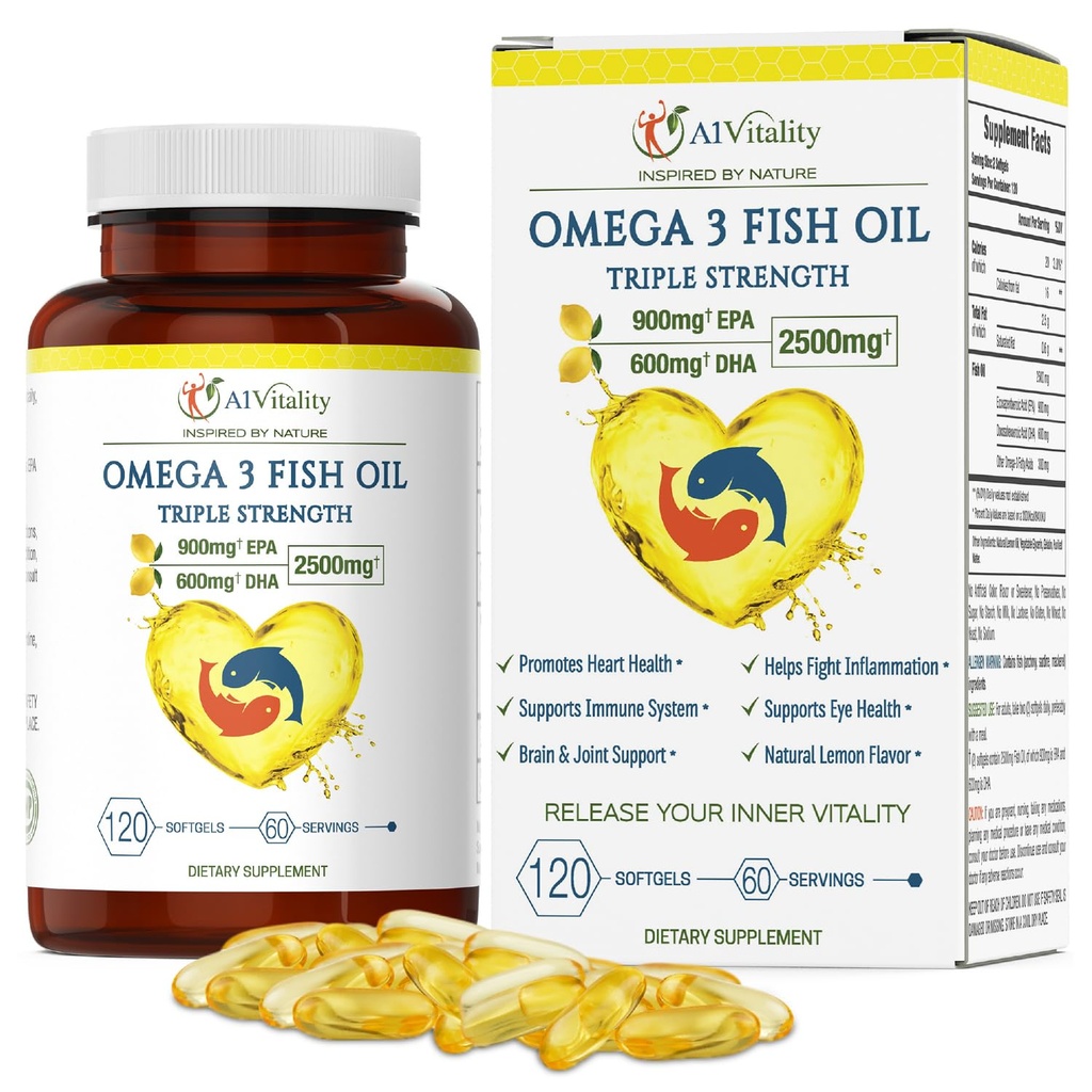 Omega 3 triple fuerza EPA DHA Suplemento - 2500mg Lemon Flavored Burpless Fish Oil - High Potency 900mg EPA 600mg DHA apoya la circulación, cerebro, corazón, ojo, piel, hueso &amp; articulaciones - 120 Softgels