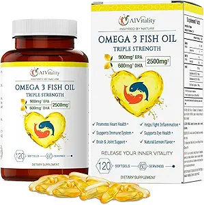Omega 3 Triple Strength EPA DHA Supplement - 2500mg Lemon Flavored Burpless Fish Oil - High Potency 900mg EPA 600mg DHA Supports Circulation, Brain, Heart, Eye, Skin, Bone & Joints - 120 Softgels