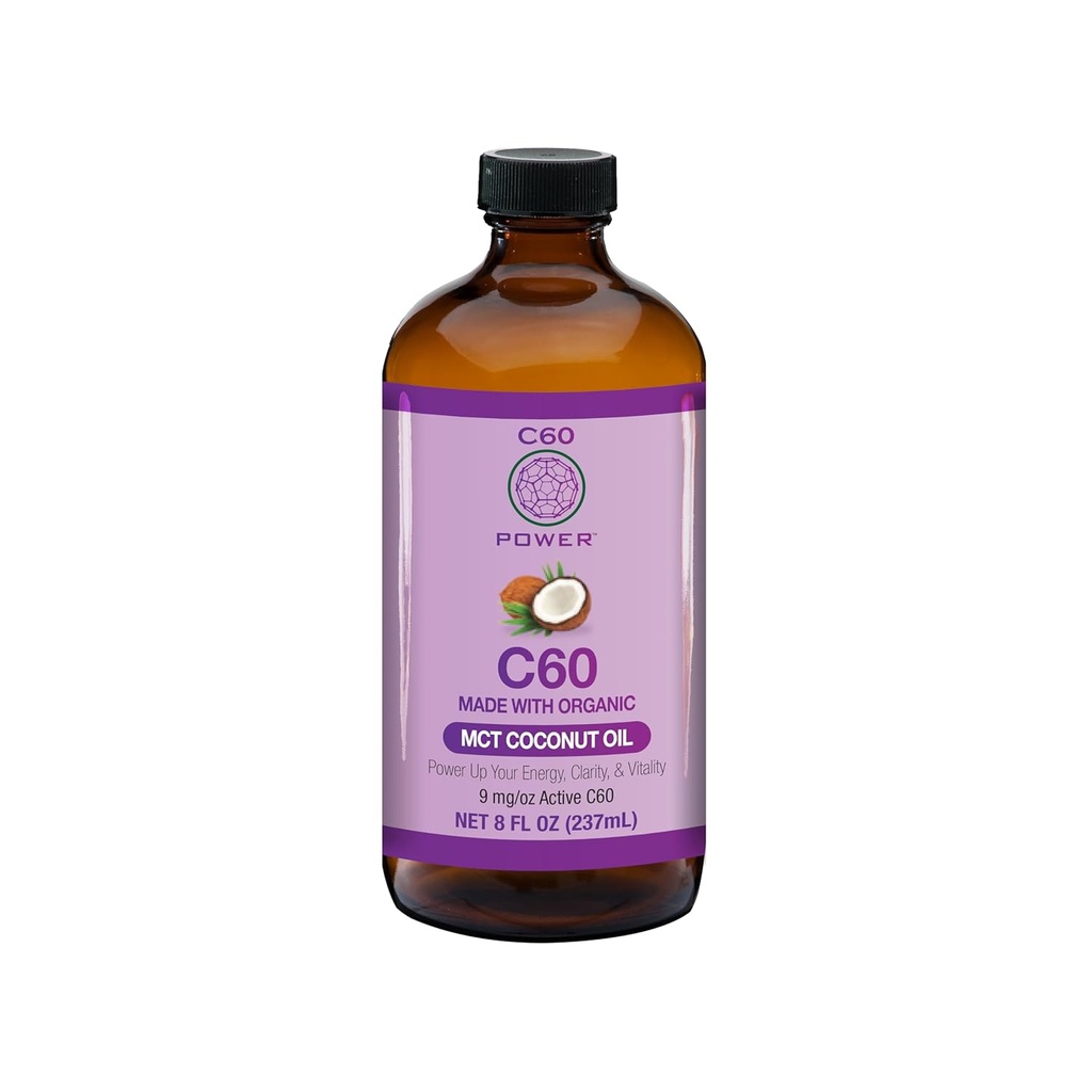 C60 Power - MCT 8-oz.- Aceite de coco de MCT orgánico, 8 Fl Oz, 99.99% Fullerenes de carbono puro, elevación de carga oxidativa, optimización de la función mitocondrial