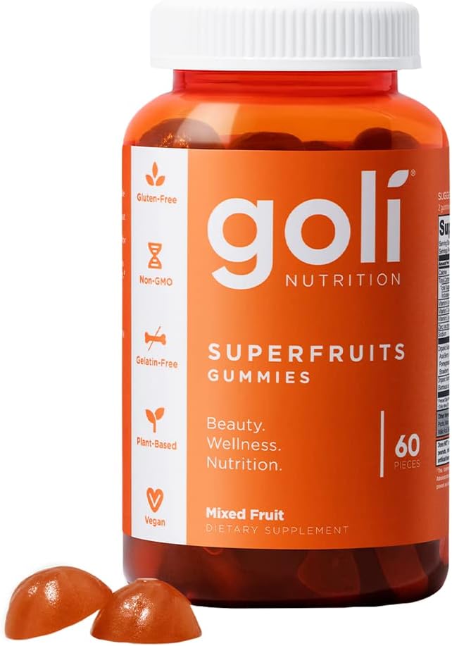 Suplemento Nutricional Goli, SuperFruits Beauty Gummy Vitamina - 60 Cuenta - Collagen-Promoting Ingredients - Fruta Mixta, Vegan, Planta-Basada, No-GMO, Libre de gluten &amp; Gelatina Gratis