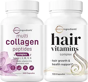 Micro Ingredients Multi Collagen Complex for Women & Hair Vitamins Complex Capsules Bundle 2 Pack | Grass-Fed Collagen Peptides | 14-in-1 Advanced Hair Growth Support