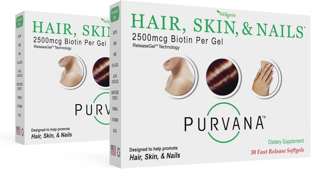 Wellgenix Purvana Hair, Skin, and Nails Vitamina - Softgels for High Absorption - Double Strength 2500mcg Biotin, VIT A & B (30 Cuenta) (Pack of 2)