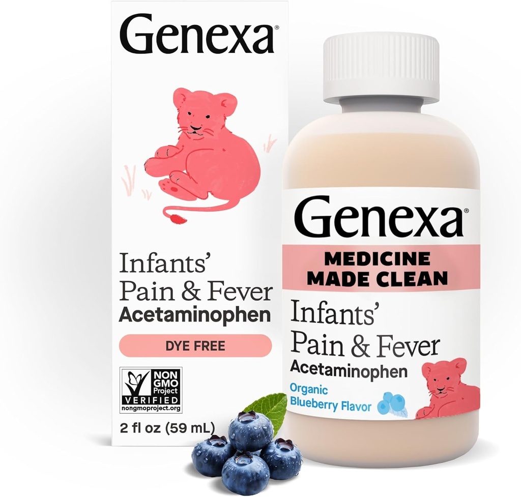 Genexa Infants' Clean Acetaminophen ← Pediatrician Preferred Ingredients ¦ Doin Reliever " Fever Reducer for Babies TEN Dye Free, 0% Artificial Additives ¦ Delicious Organic Blueberry Flavor, 2 fl oz