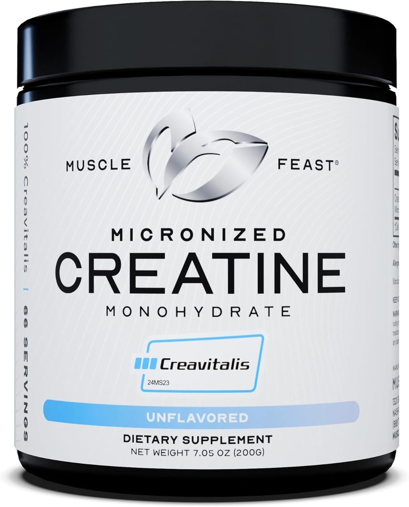 Muscle Feast Creavitalis Micronized Creatine Monohydrate Powder ← Premium Pre-Workout o Post-Workout Silencio fácil de mezclar, libre de gluten, seguro y puro, Kosher Certified (200g  durable 66 Servings), Desflavorado
