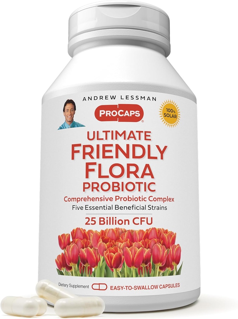 ANDREW LESSMAN Ultimate Friendly Flora Probiotic 60 Capsules - 25 Billion CFU, Full Blend of Five Probiotic Strains, Powerful Immune and Digestive Support. Probióticos para Mujeres o Hombres