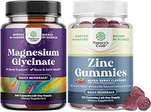 Bundle of Pure Magnesium Glycinate 400mg Por Serving for Mood Sleep and Relaxation 240ct and Extra Strength Zinc Gummies for Adults - Immunity Gummies for Adults