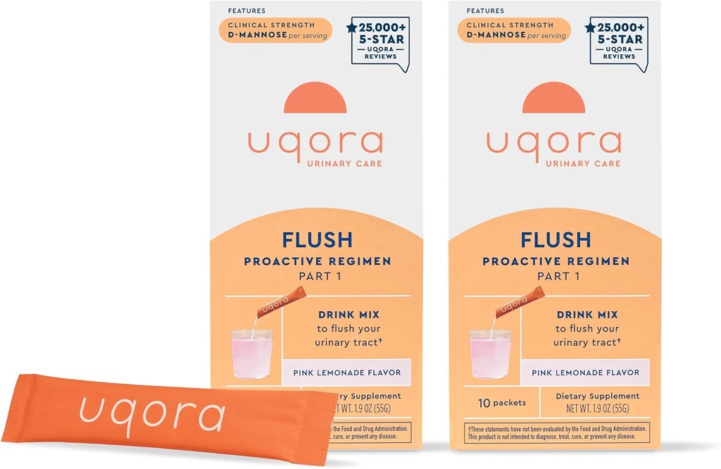 Uqora Flush - Urinary Tract* con D-Mannose, Vitamina C, Vitamina B6, Potasio, Magnesio y Calcio - Gluten-Free &amp; Vegan - Pink Lemonade Flavor - 20 Packets (2 Pack)