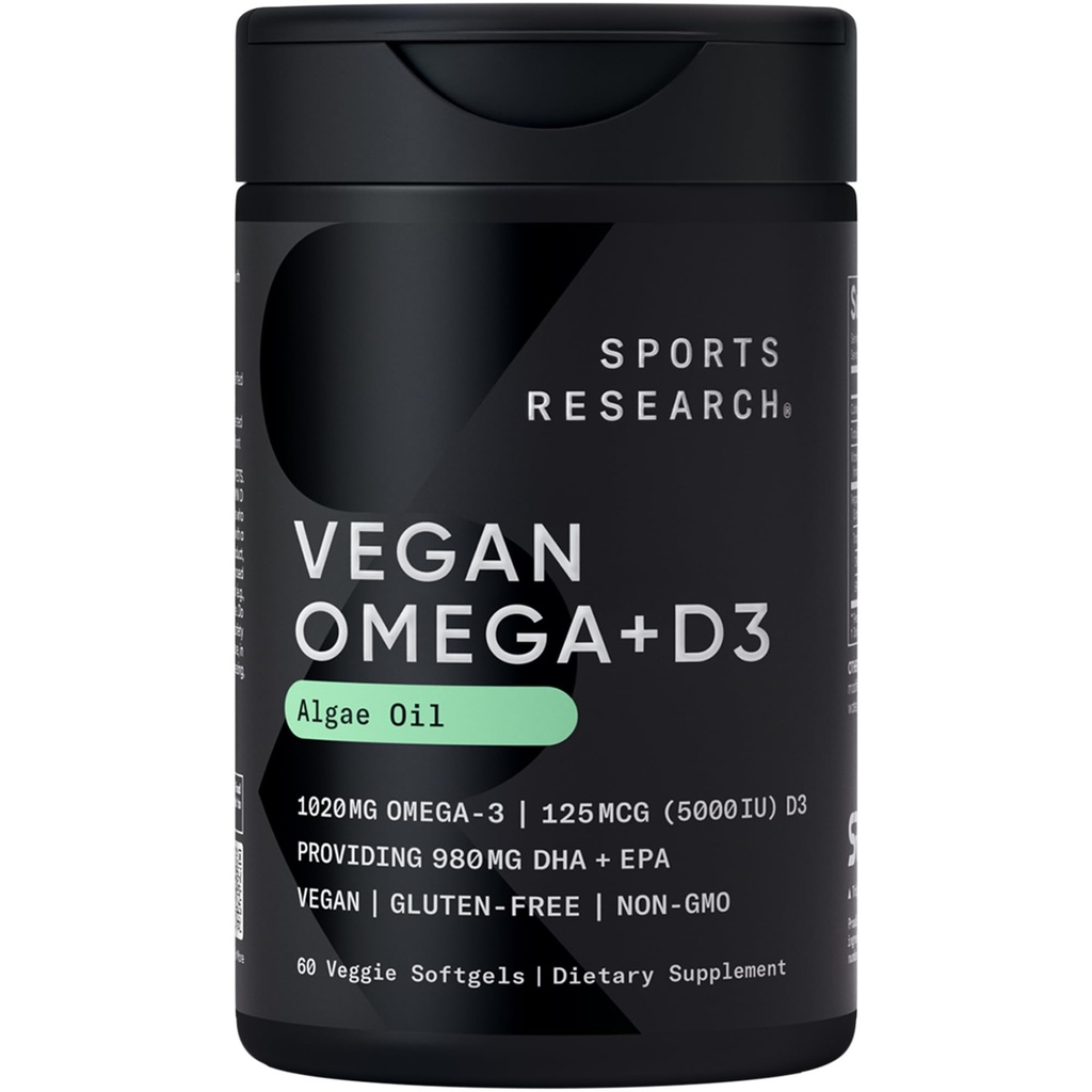 Sports Research Vegan Omega-3 con vitamina D3 Softgels - 1020mg Omega-3 & 5000iu D3 Suplemento - Fish Oil Alternative with Vitamin D Plant-Based Support from Algae Oil - 60 Veggie Softgels for Adults