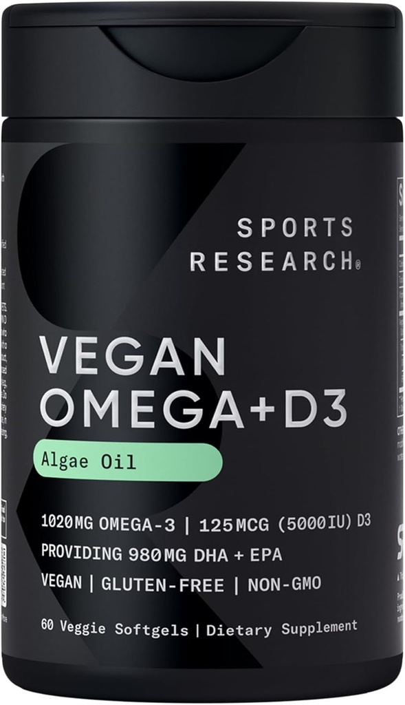 Sports Research Vegan Omega-3 con vitamina D3 Softgels - 1020mg Omega-3 & 5000iu D3 Suplemento - Fish Oil Alternative with Vitamin D Plant-Based Support from Algae Oil - 60 Veggie Softgels for Adults