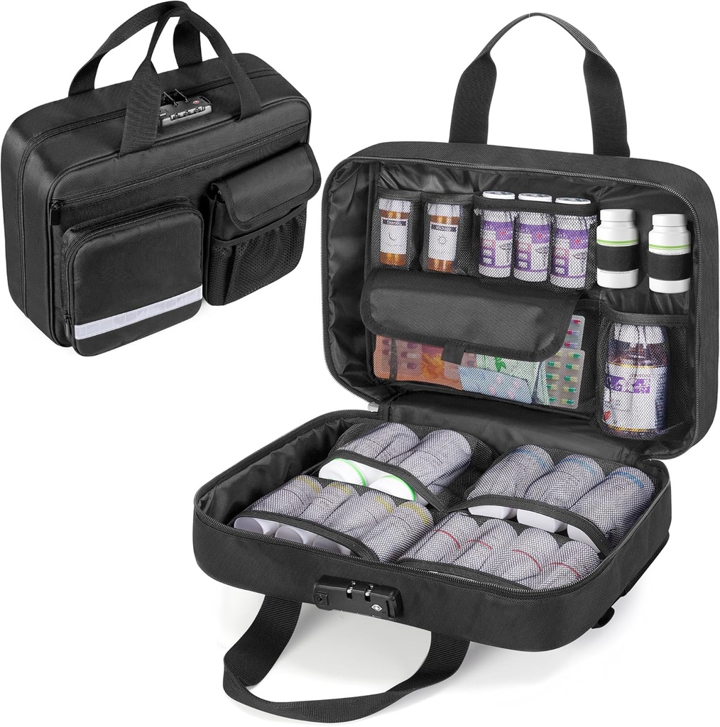 Damero Locking Pill Bottle Organizer, Medicine Storage Bag Medication Organizer Travel Carrying Case for Large Pill Bottles, Medications and Medical Supplies,Black