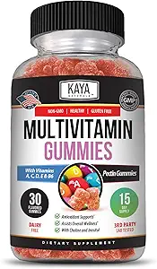 Kaya Naturals Adulto Multi Vitamina Gummy, Biotina, Vitamina A, B-12, C &amp; E, Incluyendo Zinc, ácido fólico, sabor a fresa - Multivitaminas libres de gluten Gummies de adultos dulces