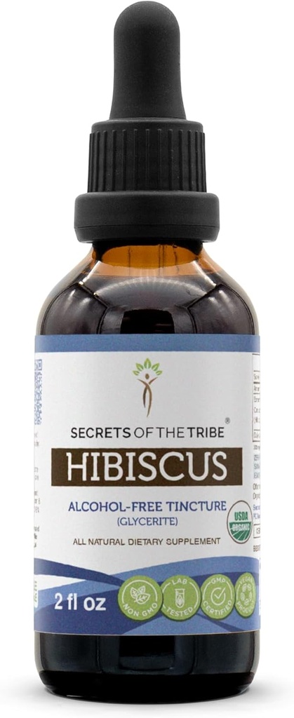 Secretos de la Tribu Hibiscus USDA Orgánica ← Extracto sin alcohol, gotas herbales de alta potencia  Made from 100% Certified Organic Hibiscus Sabdariffa Dried Flower 2 oz