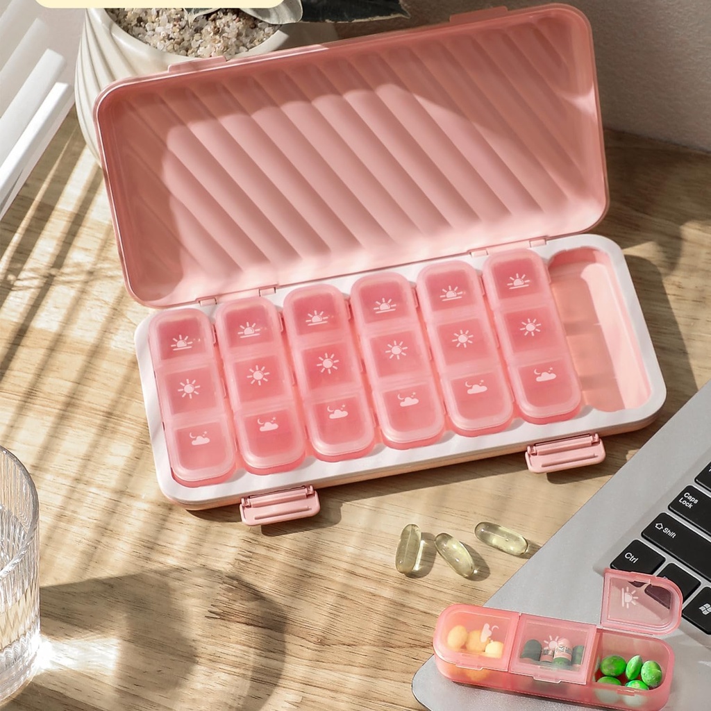 Pill Organizer 3X al día, Pink Pill Organizer 3 veces al día, Light-Proof Pill Box 7 Day Pill Cases, No Text Pill Box Organizer,Flat Medicine Organizer Box to Hold Vitamins and Medication(Pink)