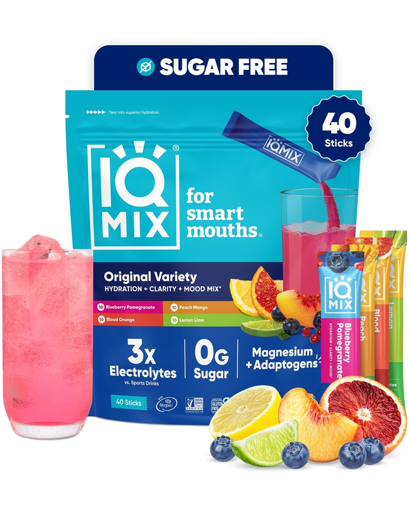 IQMIX Hidration Electrolyte Powder – 4-en-1 Fórmula para la hidratación, la claridad mental, el humor y la recuperación – Sugar-Free Drink Mix, Keto, Magnesium L-Threonate, Lion’s Mane – 40 Contando Variedad Pack