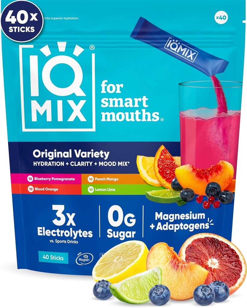 IQMIX Hidration Electrolyte Powder – 4-en-1 Fórmula para la hidratación, la claridad mental, el humor y la recuperación – Sugar-Free Drink Mix, Keto, Magnesium L-Threonate, Lion’s Mane – 40 Contando Variedad Pack